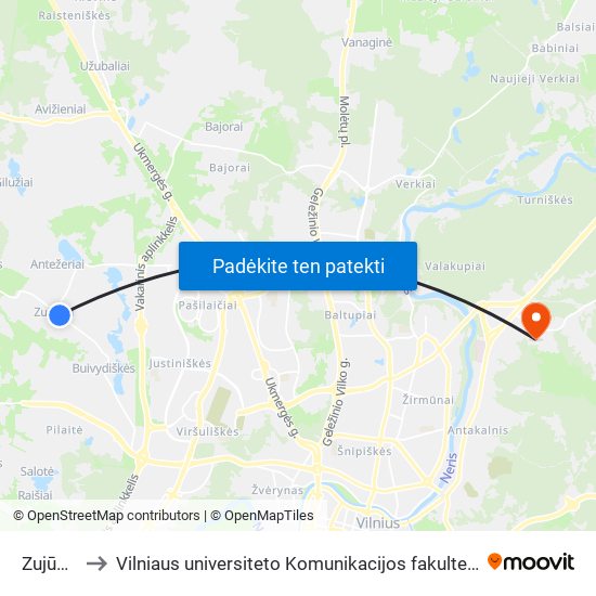 Zujūnai to Vilniaus universiteto Komunikacijos fakultetas map