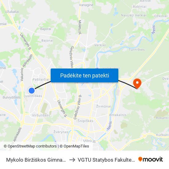 Mykolo Biržiškos Gimnazija to VGTU Statybos Fakultetas map