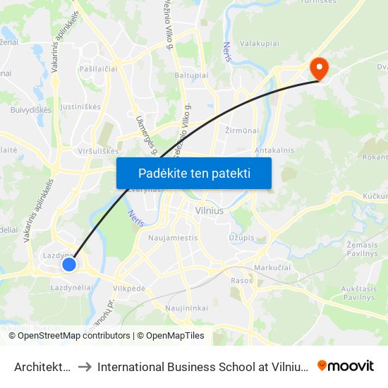 Architektų St. to International Business School at Vilnius university map