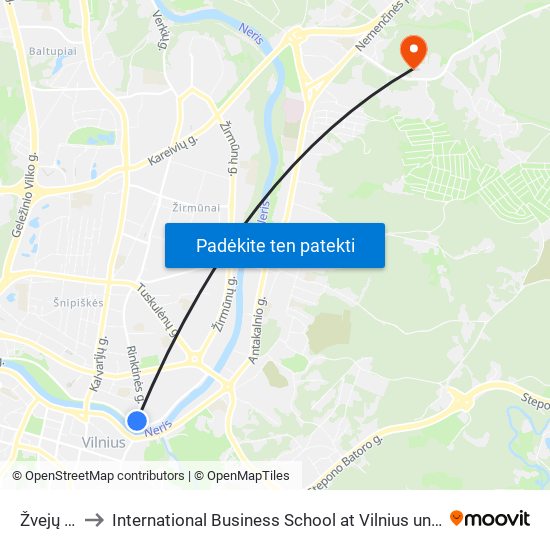 Žvejų St. to International Business School at Vilnius university map