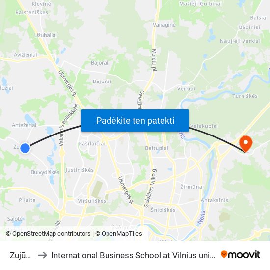 Zujūnai to International Business School at Vilnius university map