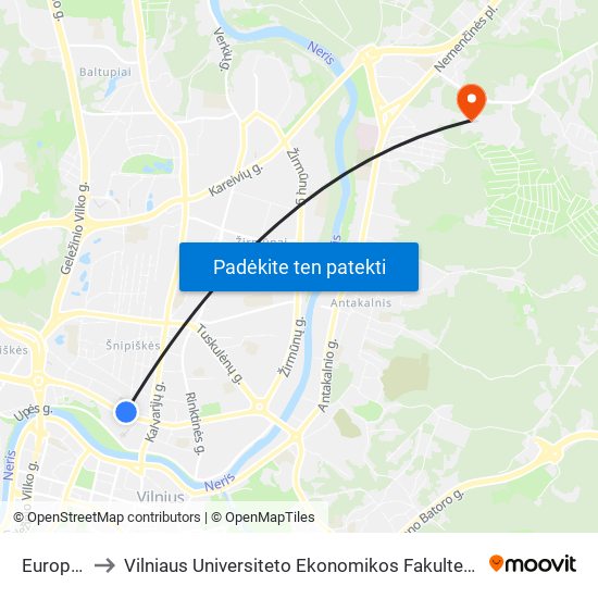Europos Aikštė to Vilniaus Universiteto Ekonomikos Fakultetas | Vilnius University Faculty of Economics map