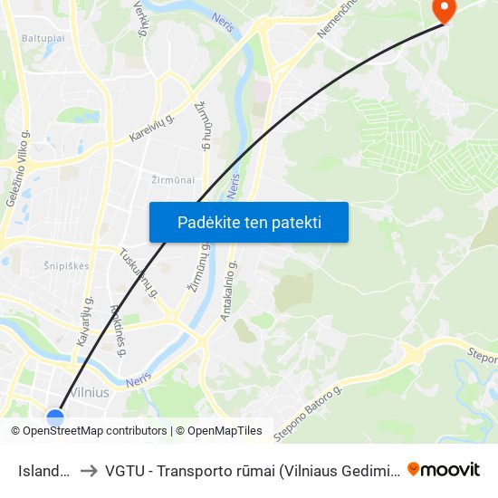 Islandijos St. to VGTU - Transporto rūmai (Vilniaus Gedimino technikos universitetas) map