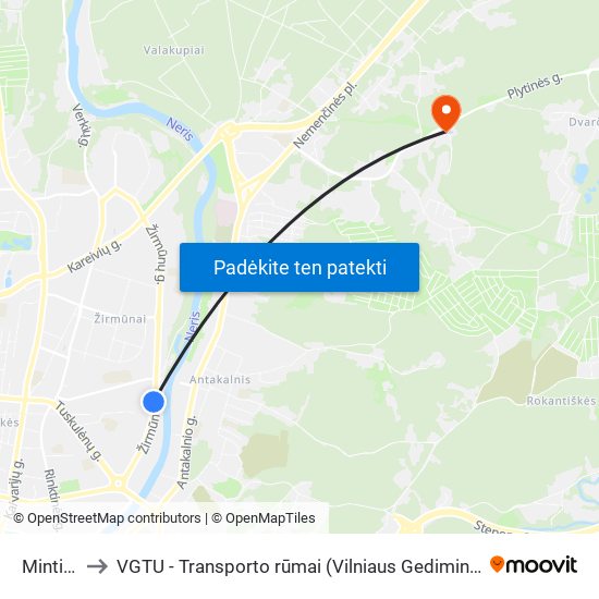 Minties St. to VGTU - Transporto rūmai (Vilniaus Gedimino technikos universitetas) map