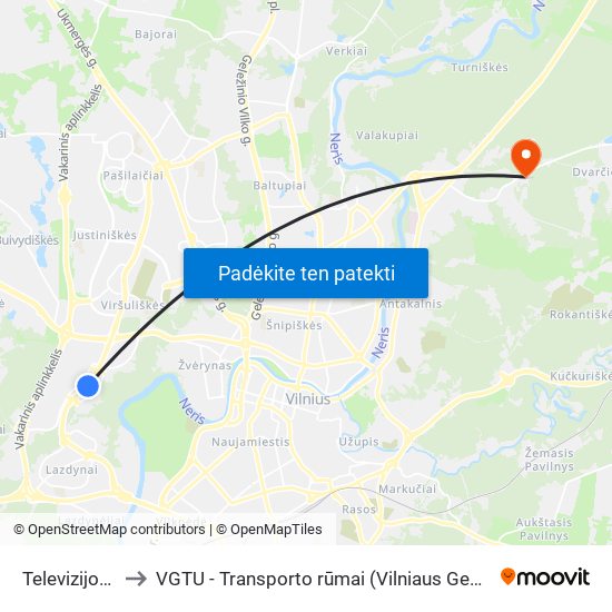 Televizijos Bokštas to VGTU - Transporto rūmai (Vilniaus Gedimino technikos universitetas) map