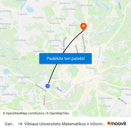 Gariūnai to Vilniaus Universiteto Matematikos ir Informatikos Institutas map