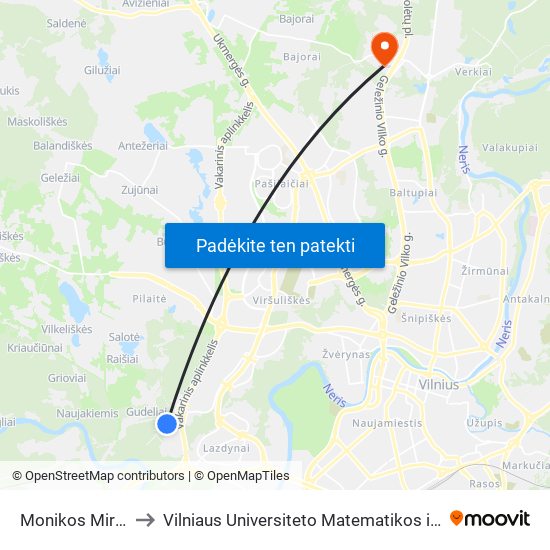 Monikos Mironaitės St. to Vilniaus Universiteto Matematikos ir Informatikos Institutas map