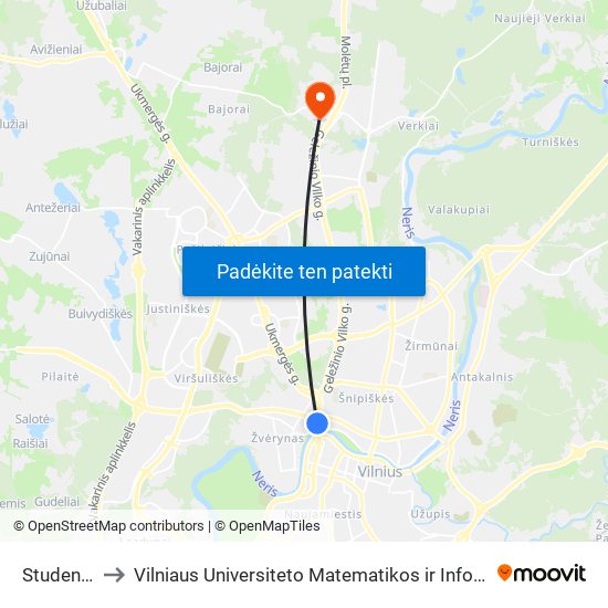 Studentų St. to Vilniaus Universiteto Matematikos ir Informatikos Institutas map