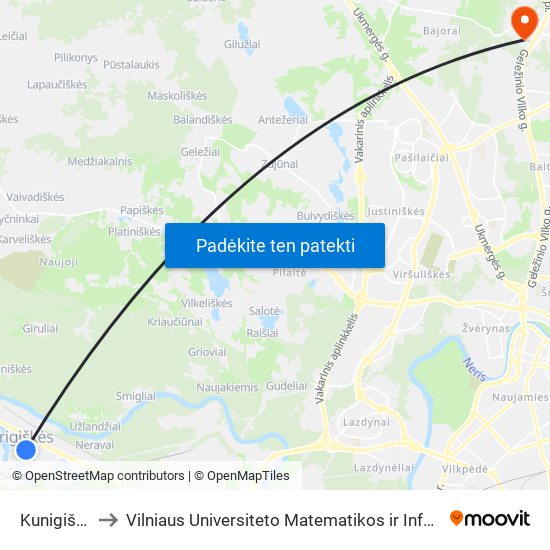 Kunigiškių St. to Vilniaus Universiteto Matematikos ir Informatikos Institutas map