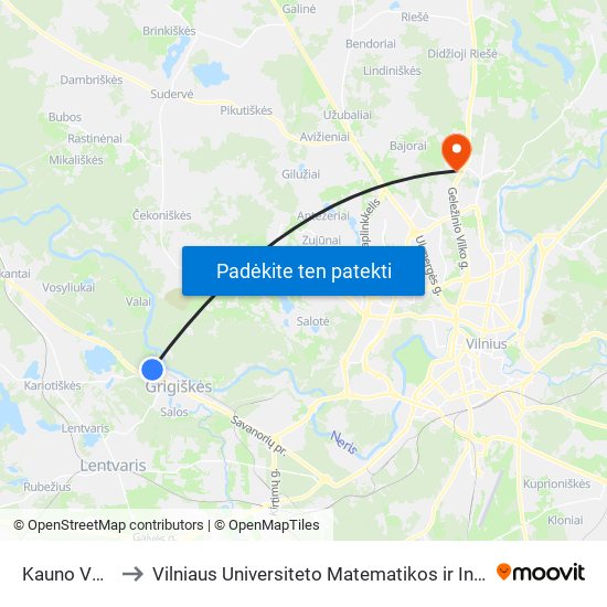 Kauno Vokės St. to Vilniaus Universiteto Matematikos ir Informatikos Institutas map