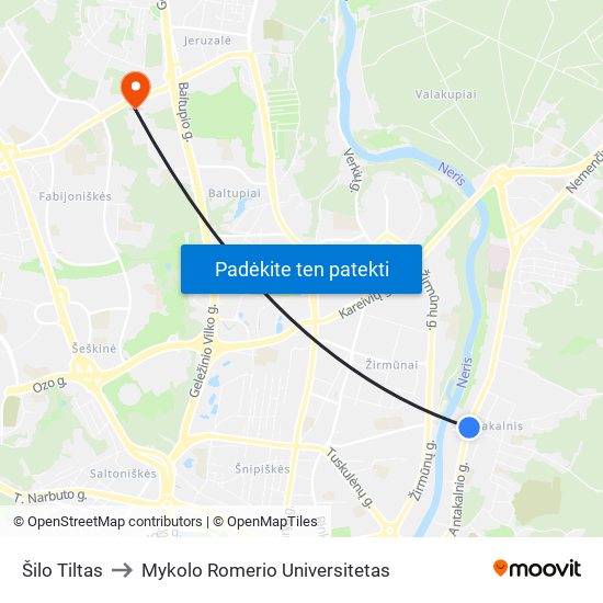 Šilo Tiltas to Mykolo Romerio Universitetas map