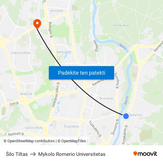 Šilo Tiltas to Mykolo Romerio Universitetas map