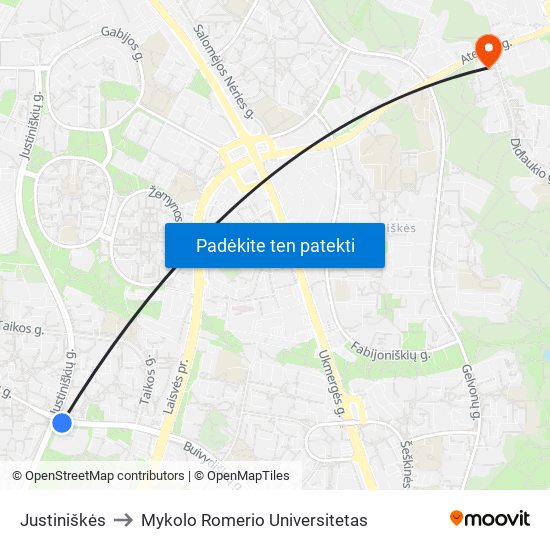 Justiniškės to Mykolo Romerio Universitetas map