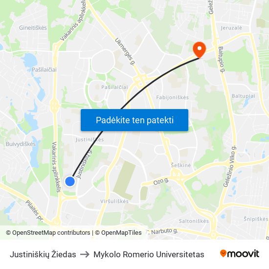 Justiniškių Žiedas to Mykolo Romerio Universitetas map