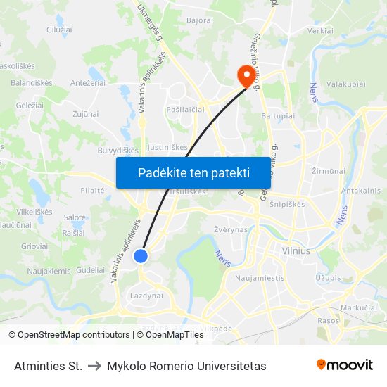 Atminties St. to Mykolo Romerio Universitetas map