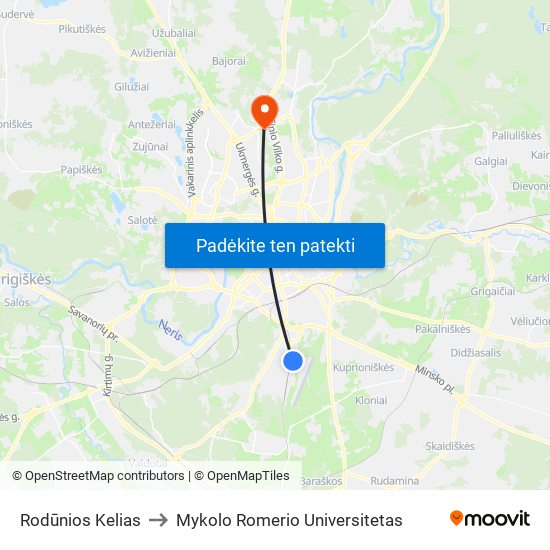 Rodūnios Kelias to Mykolo Romerio Universitetas map