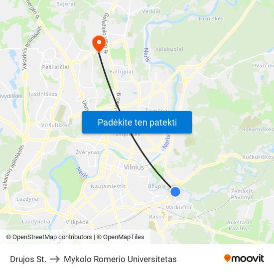 Drujos St. to Mykolo Romerio Universitetas map