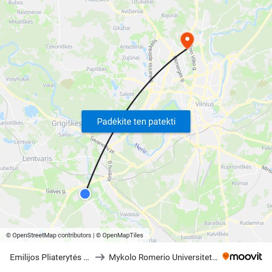 Emilijos Pliaterytės St. to Mykolo Romerio Universitetas map