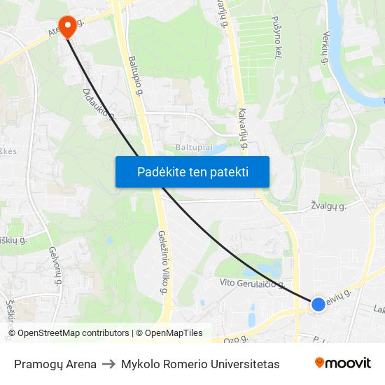 Pramogų Arena to Mykolo Romerio Universitetas map