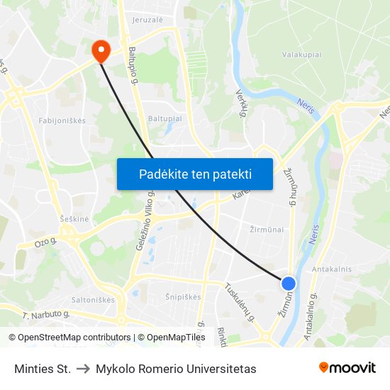 Minties St. to Mykolo Romerio Universitetas map