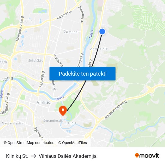 Klinikų St. to Vilniaus Dailės Akademija map