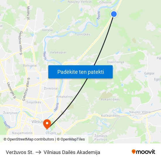 Veržuvos St. to Vilniaus Dailės Akademija map