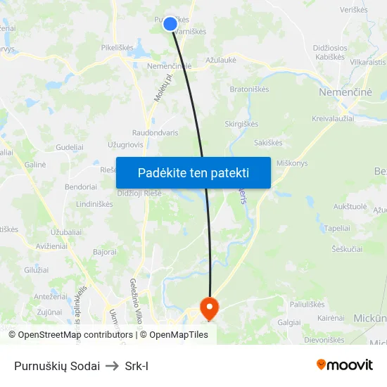 Purnuškių Sodai to Srk-I map