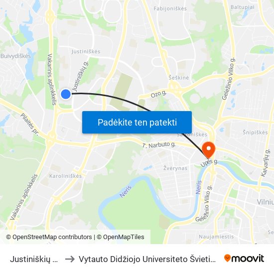 Justiniškių Žiedas to Vytauto Didžiojo Universiteto Švietimo Akademija map