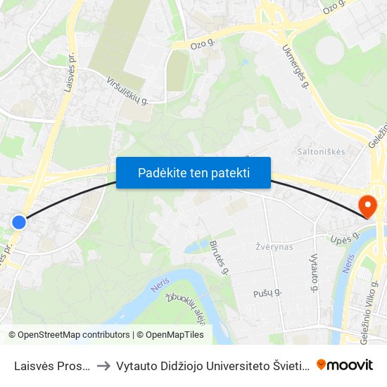 Laisvės Prospektas to Vytauto Didžiojo Universiteto Švietimo Akademija map