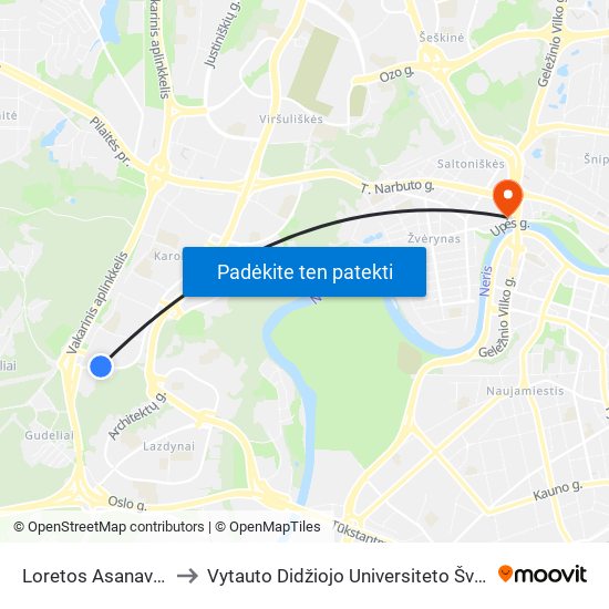 Loretos Asanavičiūtės St. to Vytauto Didžiojo Universiteto Švietimo Akademija map