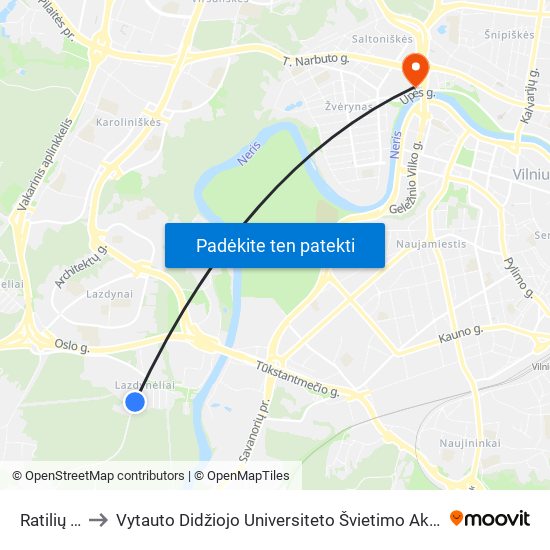 Ratilių St. to Vytauto Didžiojo Universiteto Švietimo Akademija map