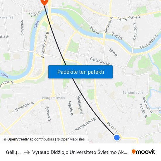 Gėlių St. to Vytauto Didžiojo Universiteto Švietimo Akademija map