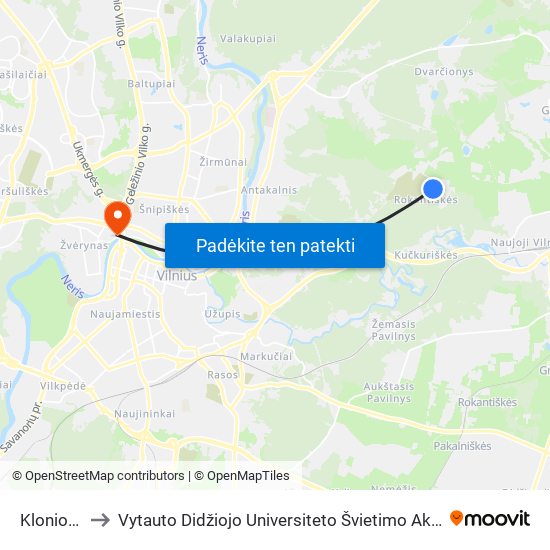 Klonio St. to Vytauto Didžiojo Universiteto Švietimo Akademija map