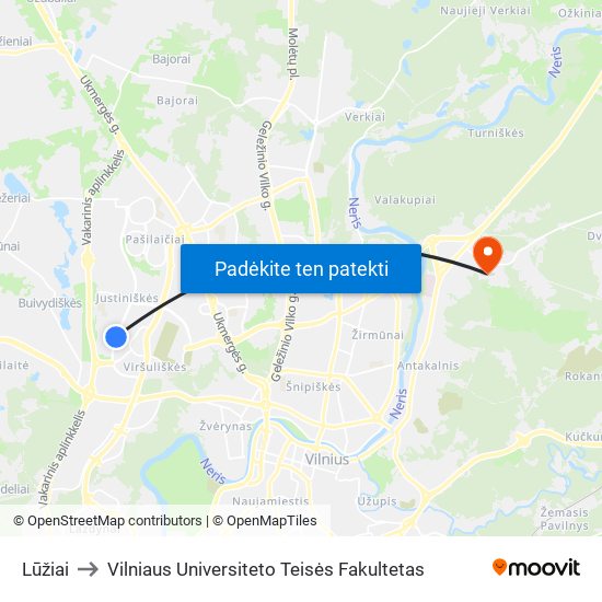 Lūžiai to Vilniaus Universiteto Teisės Fakultetas map