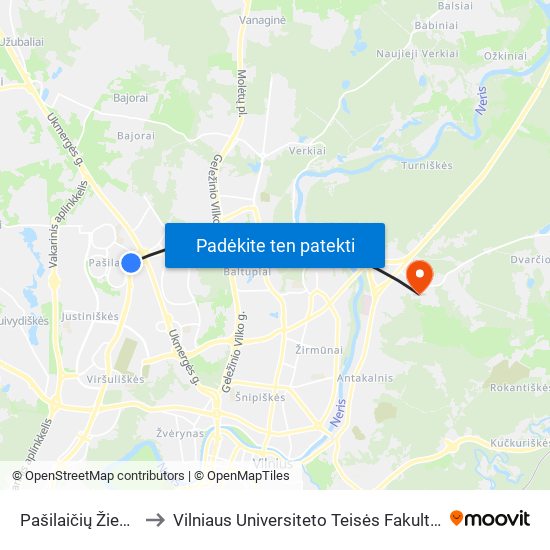 Pašilaičių Žiedas to Vilniaus Universiteto Teisės Fakultetas map