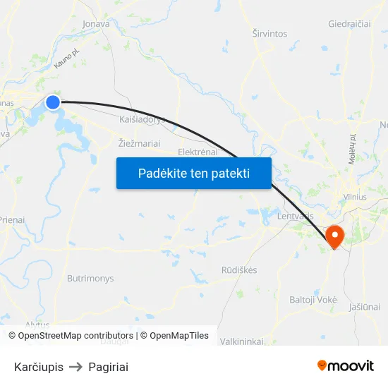 Karčiupis to Pagiriai map