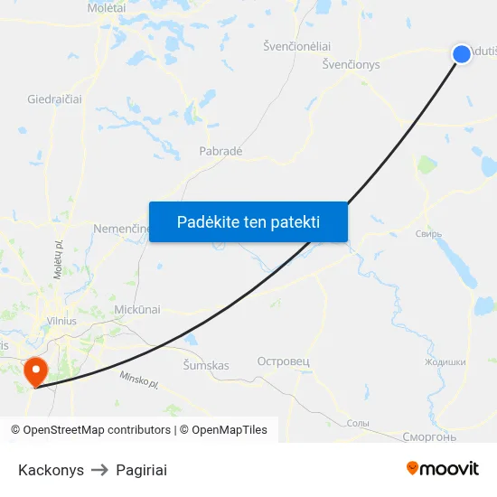 Kackonys to Pagiriai map