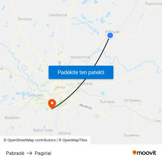 Pabradė to Pagiriai map