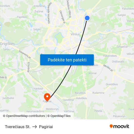 Tverečiaus St. to Pagiriai map