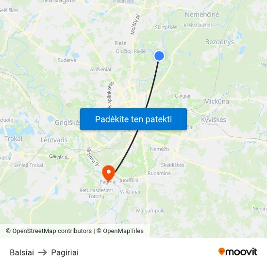 Balsiai to Pagiriai map