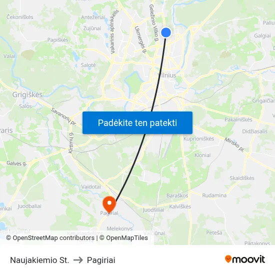 Naujakiemio St. to Pagiriai map