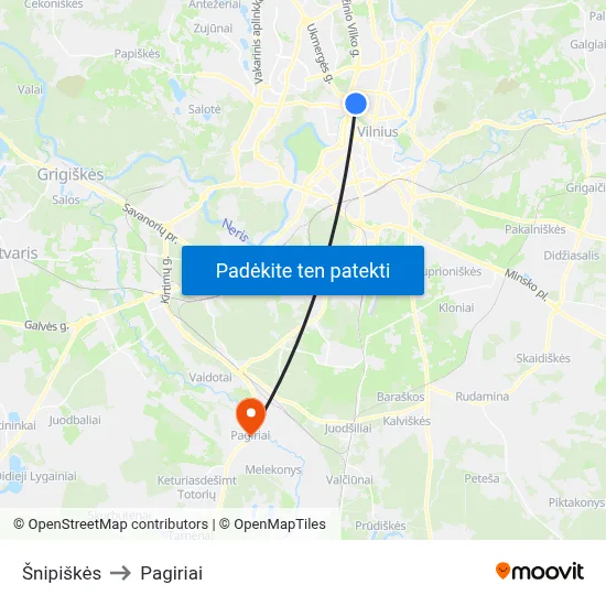 Šnipiškės to Pagiriai map