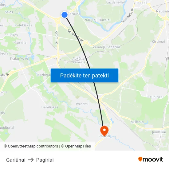Gariūnai to Pagiriai map
