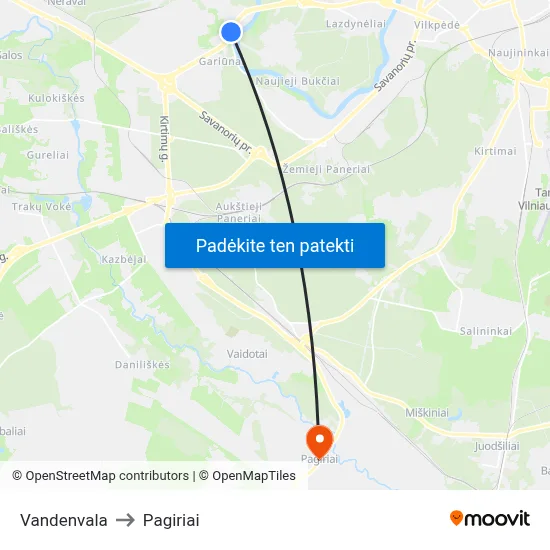 Vandenvala to Pagiriai map