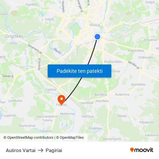 Aušros Vartai to Pagiriai map