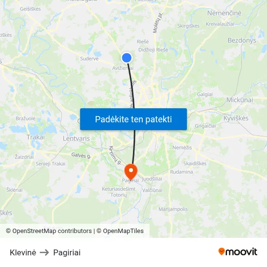Klevinė to Pagiriai map
