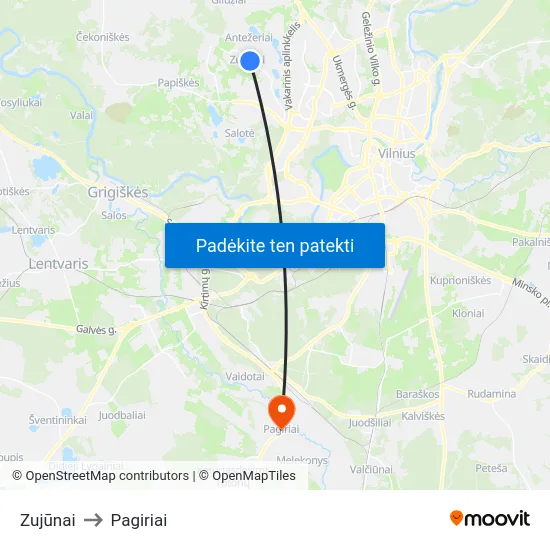 Zujūnai to Pagiriai map