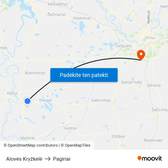 Alovės Kryžkelė to Pagiriai map
