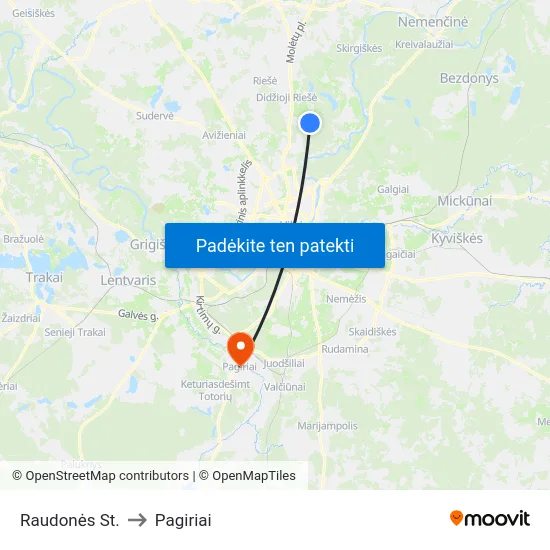 Raudonės St. to Pagiriai map