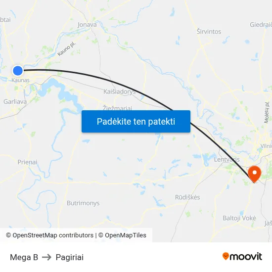 Mega B to Pagiriai map